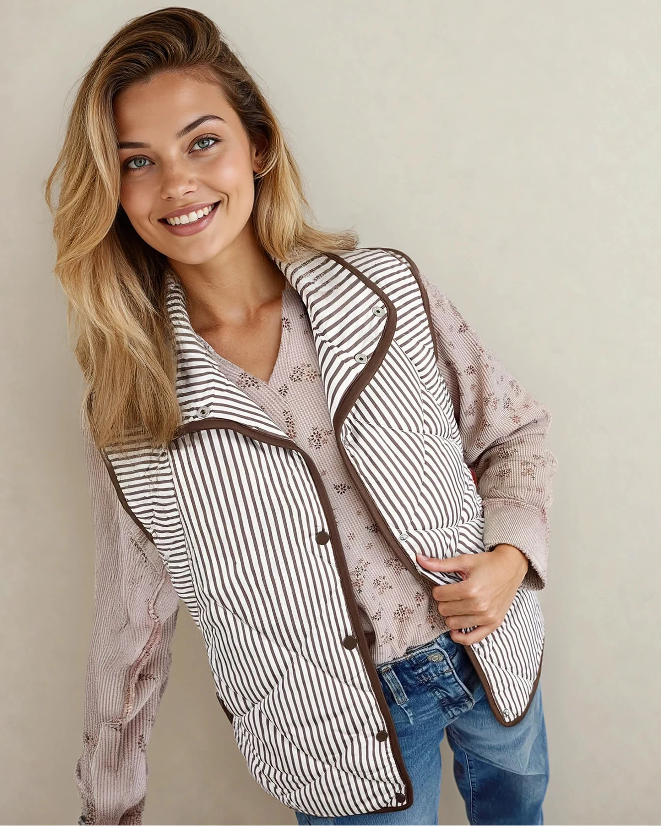 skylar striped snap Skylar Striped Snap Button Scalloped Hem Winter Vest - Brown Brown Stripe (piece) - shop at us.meeeshop
