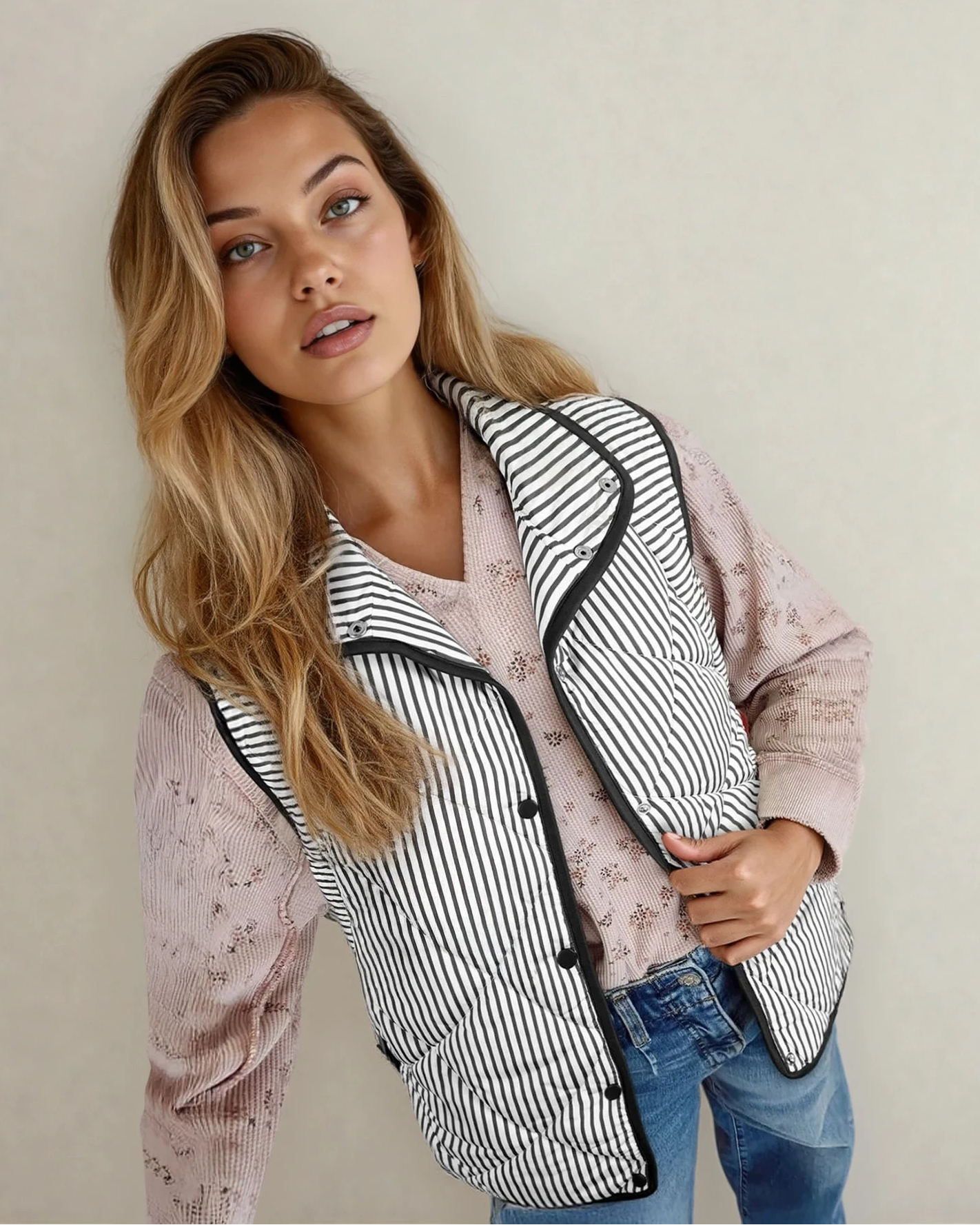 skylar striped snap Skylar Striped Snap Button Scalloped Hem Winter Vest - Black view 3 (piece) - shop at us.meeeshop