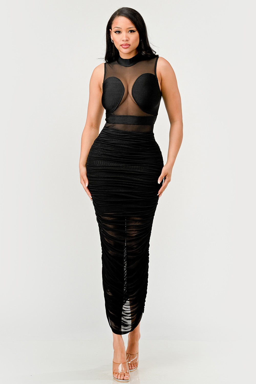 Sleek Black Sheer Illusion Midi Dress - MeeeShop Women's Fashion