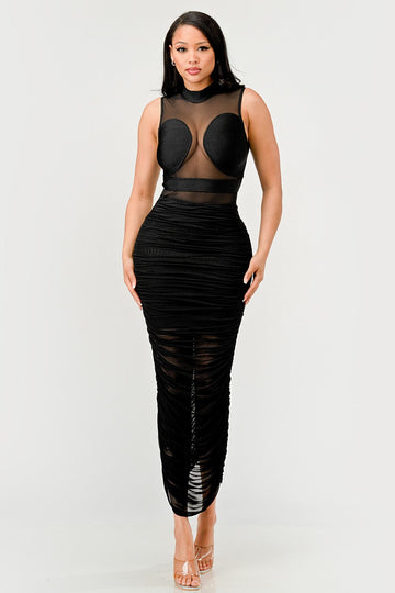 Sleek Black Sheer Illusion Midi Dress - MeeeShop Women's Fashion