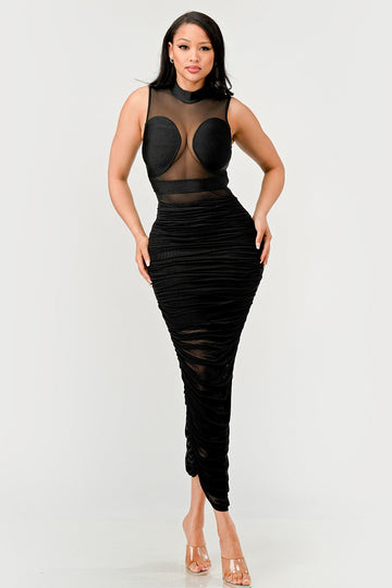 Sleek Black Sheer Illusion Midi Dress - MeeeShop Women's Fashion