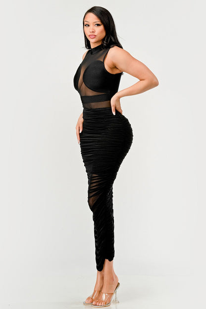 Sleek Black Sheer Illusion Midi Dress - MeeeShop Women's Fashion