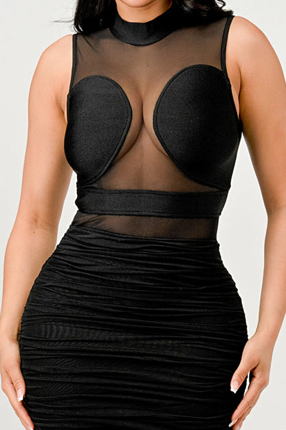 Sleek Black Sheer Illusion Midi Dress - MeeeShop Women's Fashion