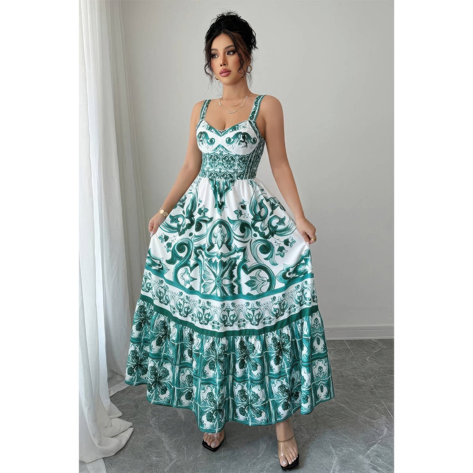 Sleeveless a Line Suspender Printed Long Dress in Green view 2 - Sleeveless Long Dress