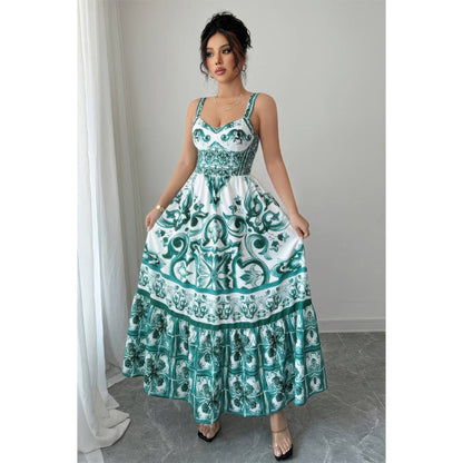 Sleeveless a Line Suspender Printed Long Dress in Green view 2 - Sleeveless Long Dress