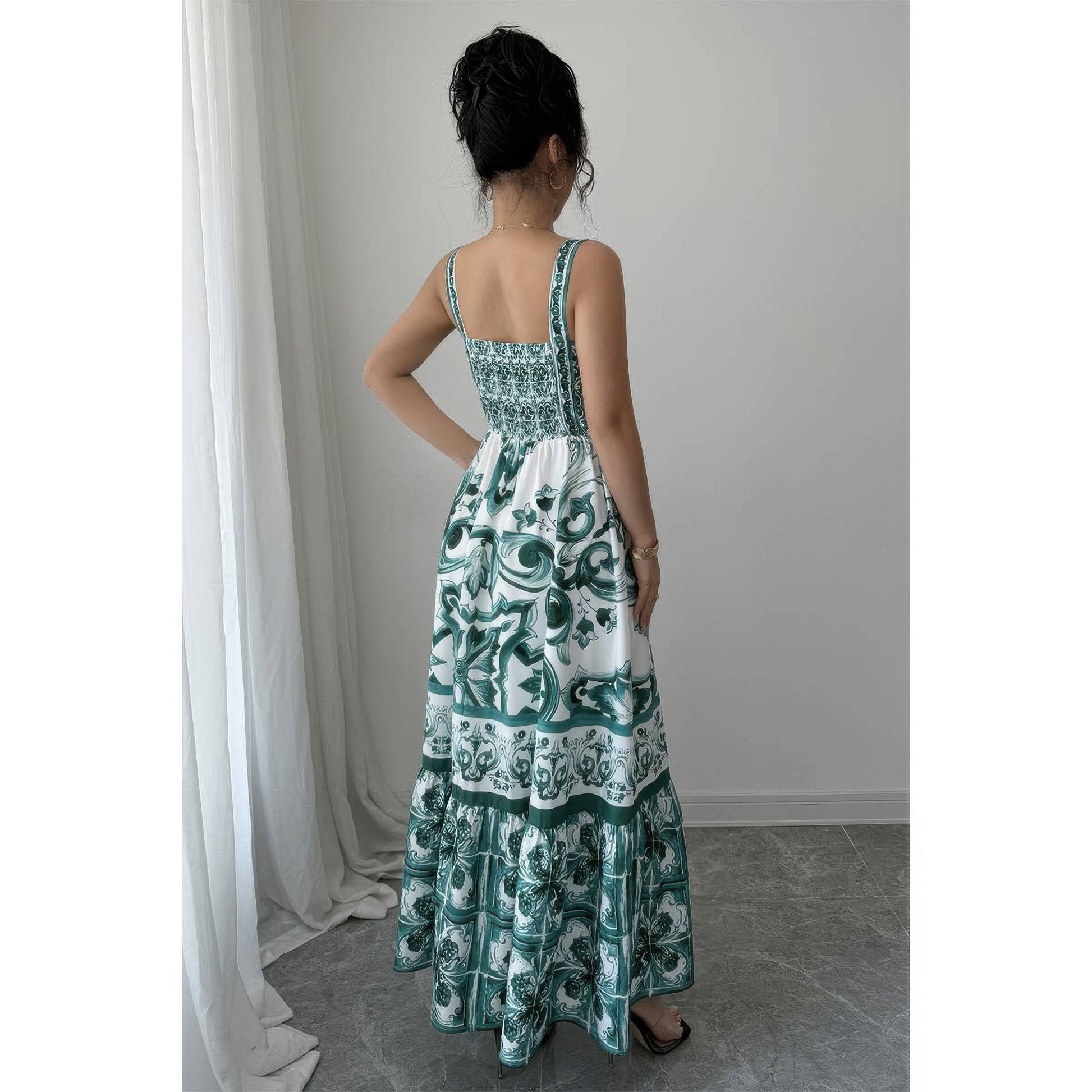 Sleeveless a Line Suspender Printed Long Dress in Green view 3 - Sleeveless Long Dress