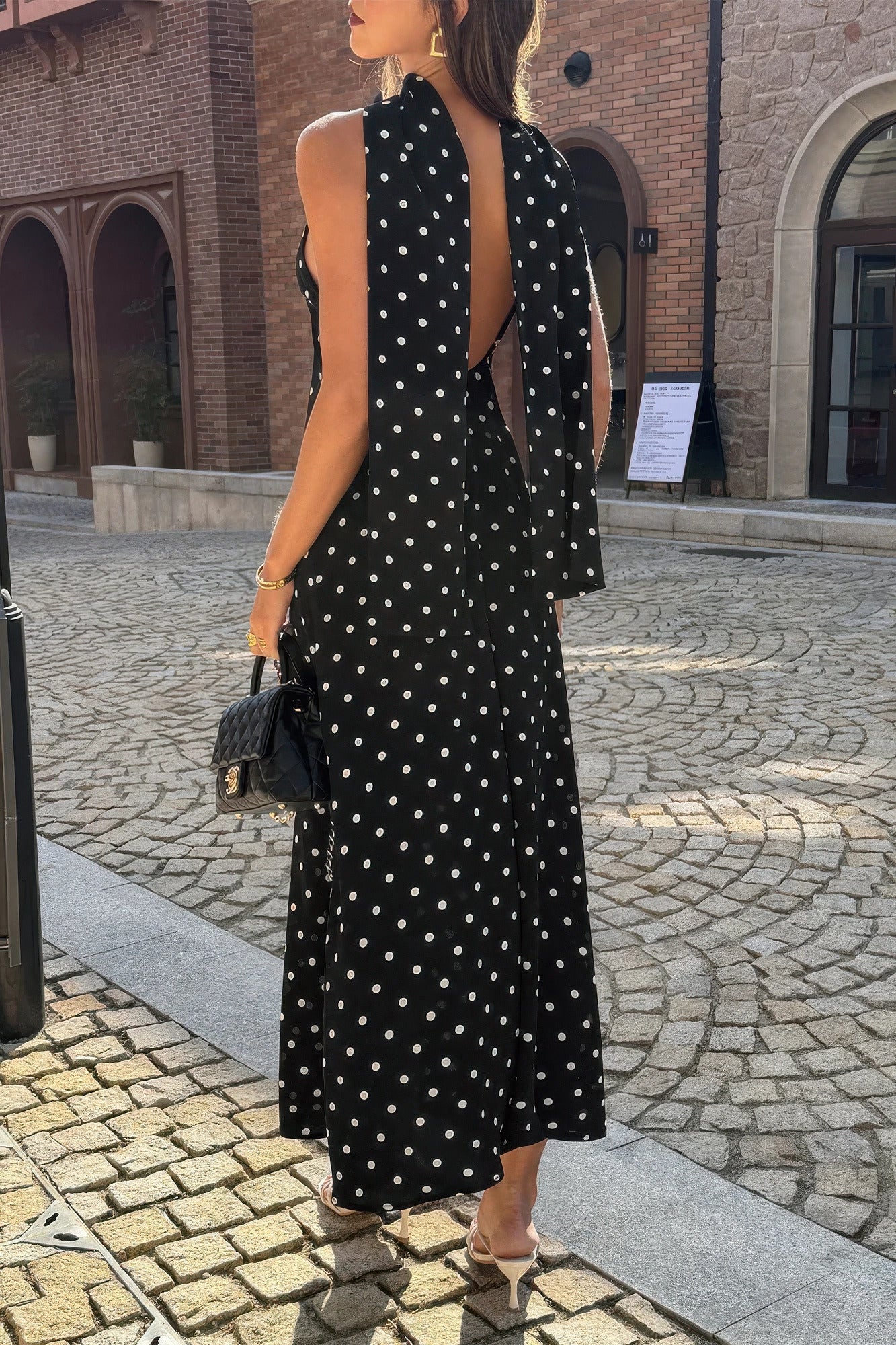 Sleeveless Bodycon Polka Dot Slip Dress in Black view 4 - Pol Dress