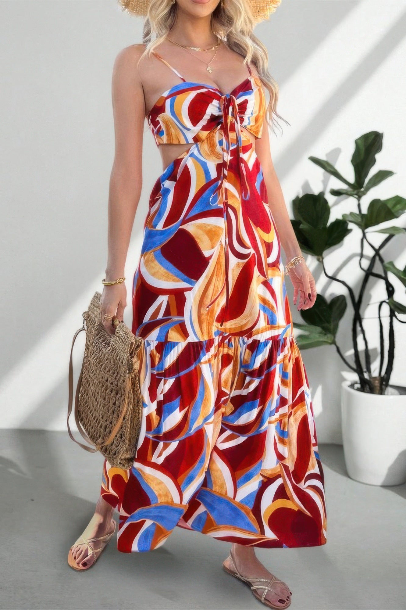 Sleeveless Front Knot Ruched Cut Out Long Dress in Red view 2 - Sleeveless Knot Dress For Women