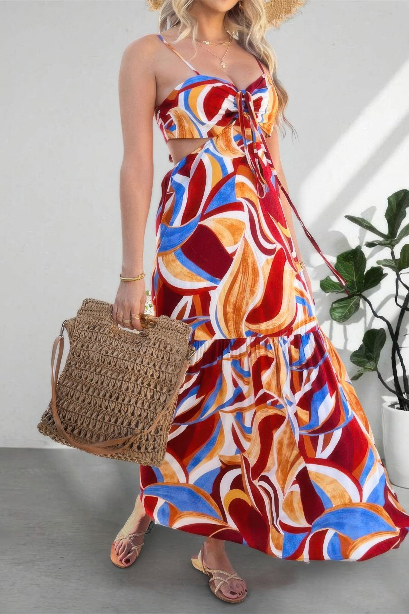 Sleeveless Front Knot Ruched Cut Out Long Dress in Red view 4 - Sleeveless Knot Dress For Women