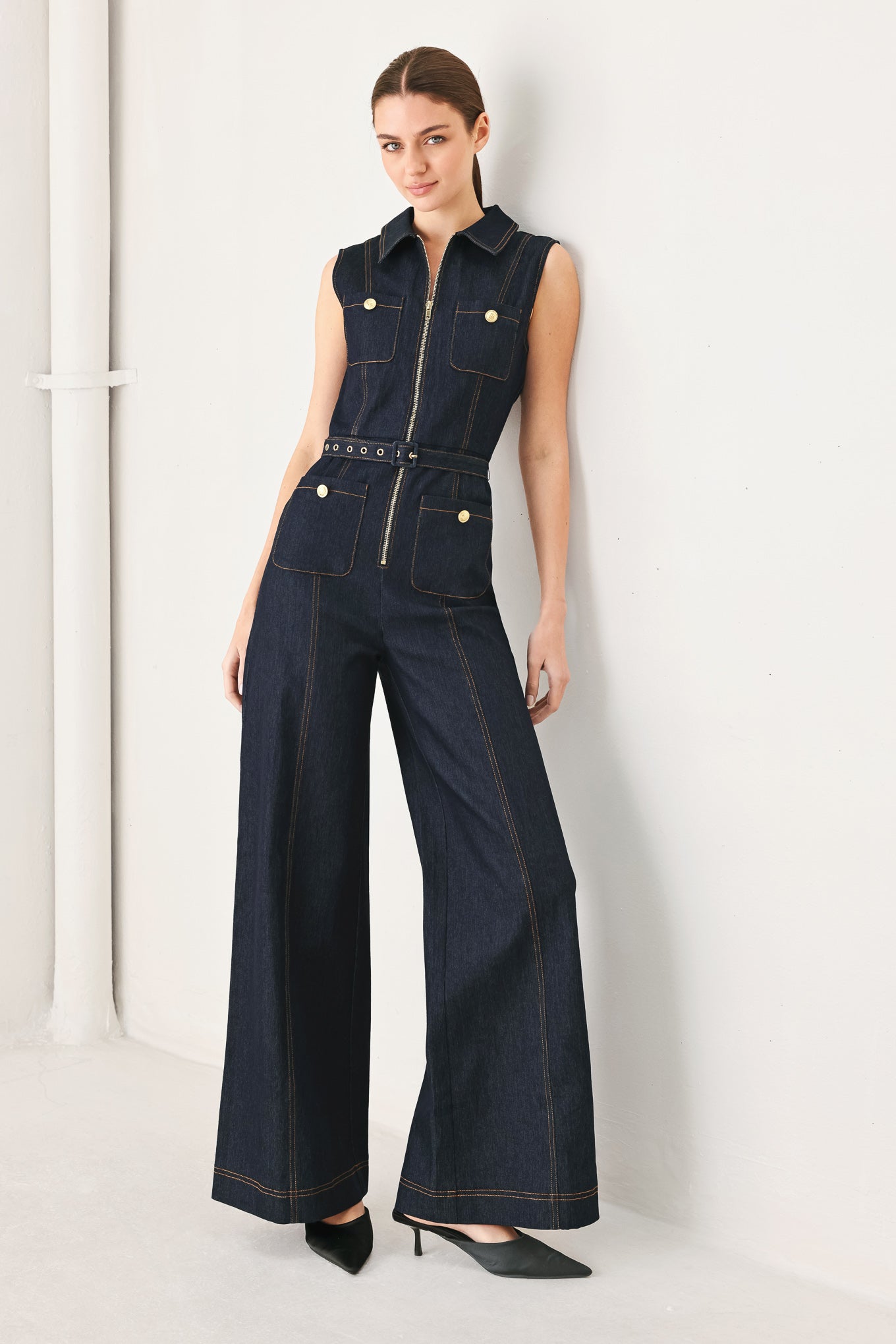Sleeveless Workwear Denim Jumpsuit in DARK DENIM - Casual Office Outfit (bottom)