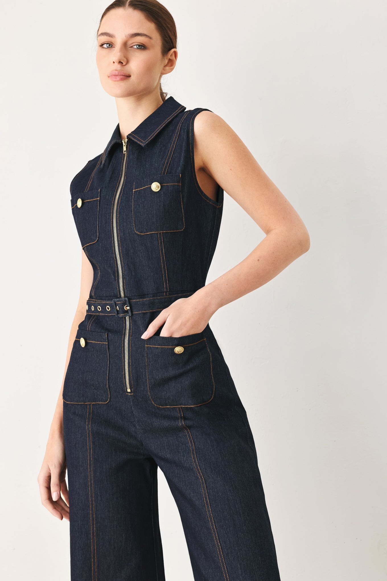 Sleeveless Workwear Denim Jumpsuit in DARK DENIM view 2 - Casual Office Outfit (bottom)