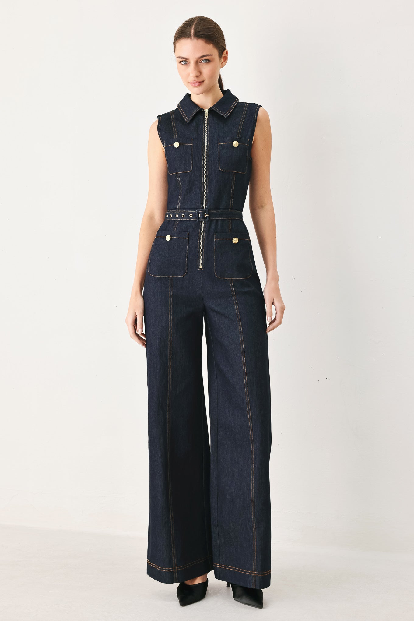 Sleeveless Workwear Denim Jumpsuit in DARK DENIM view 3 - Casual Office Outfit (bottom)