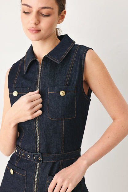 Sleeveless Workwear Denim Jumpsuit in DARK DENIM view 4 - Casual Office Outfit (bottom)