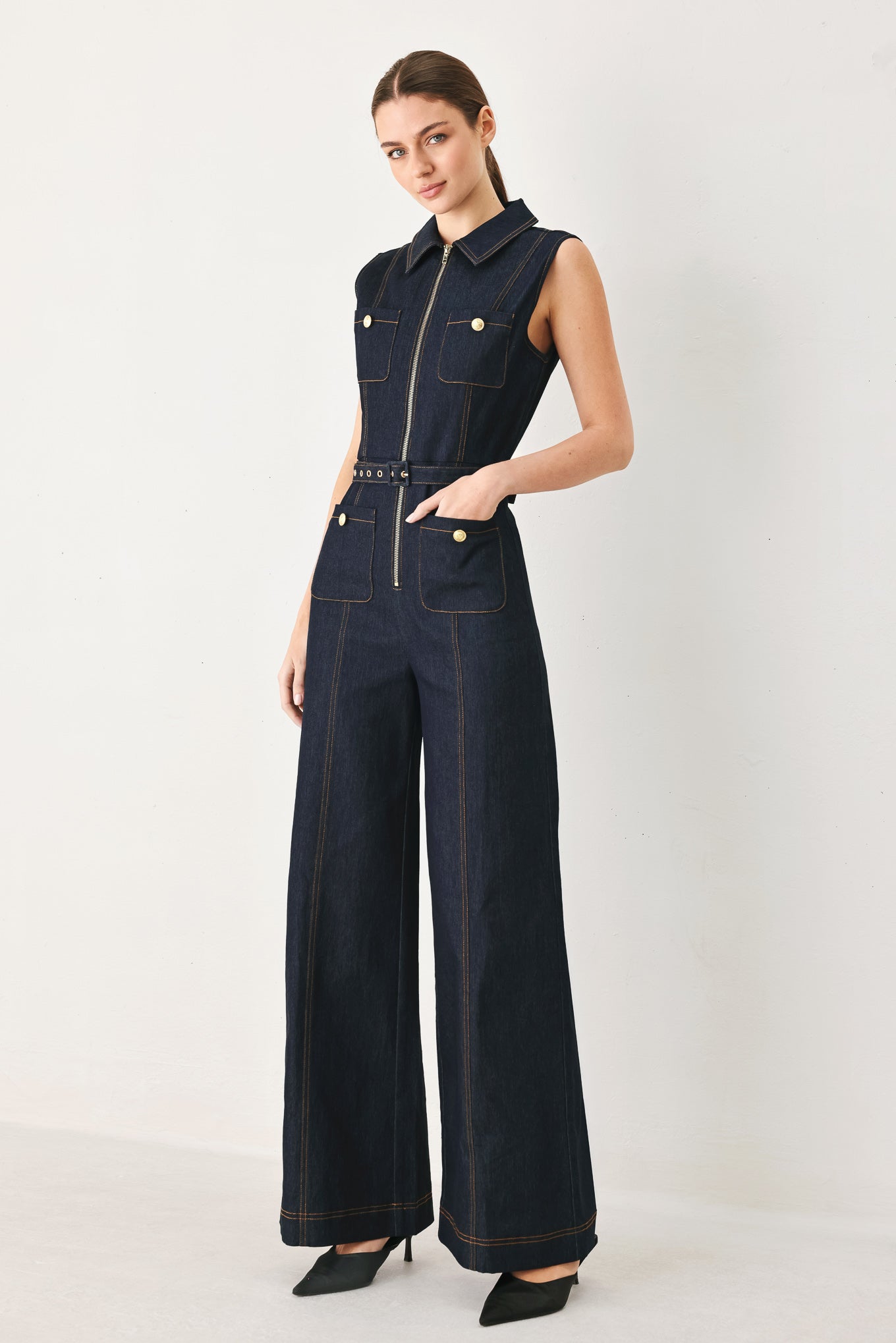 Sleeveless Workwear Denim Jumpsuit in DARK DENIM view 5 - Casual Office Outfit (bottom)