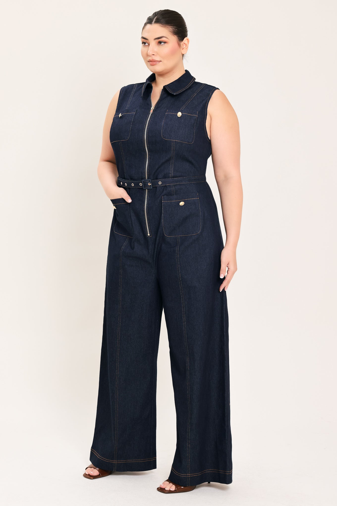 Sleeveless Workwear Denim Jumpsuit view 10 - Casual Office Outfit (bottom)