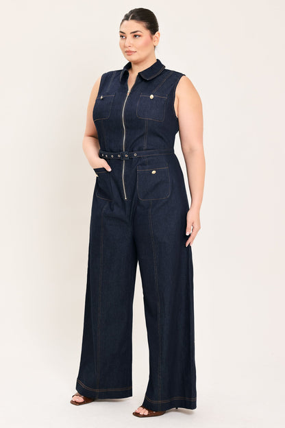 Sleeveless Workwear Denim Jumpsuit view 10 - Casual Office Outfit (bottom)