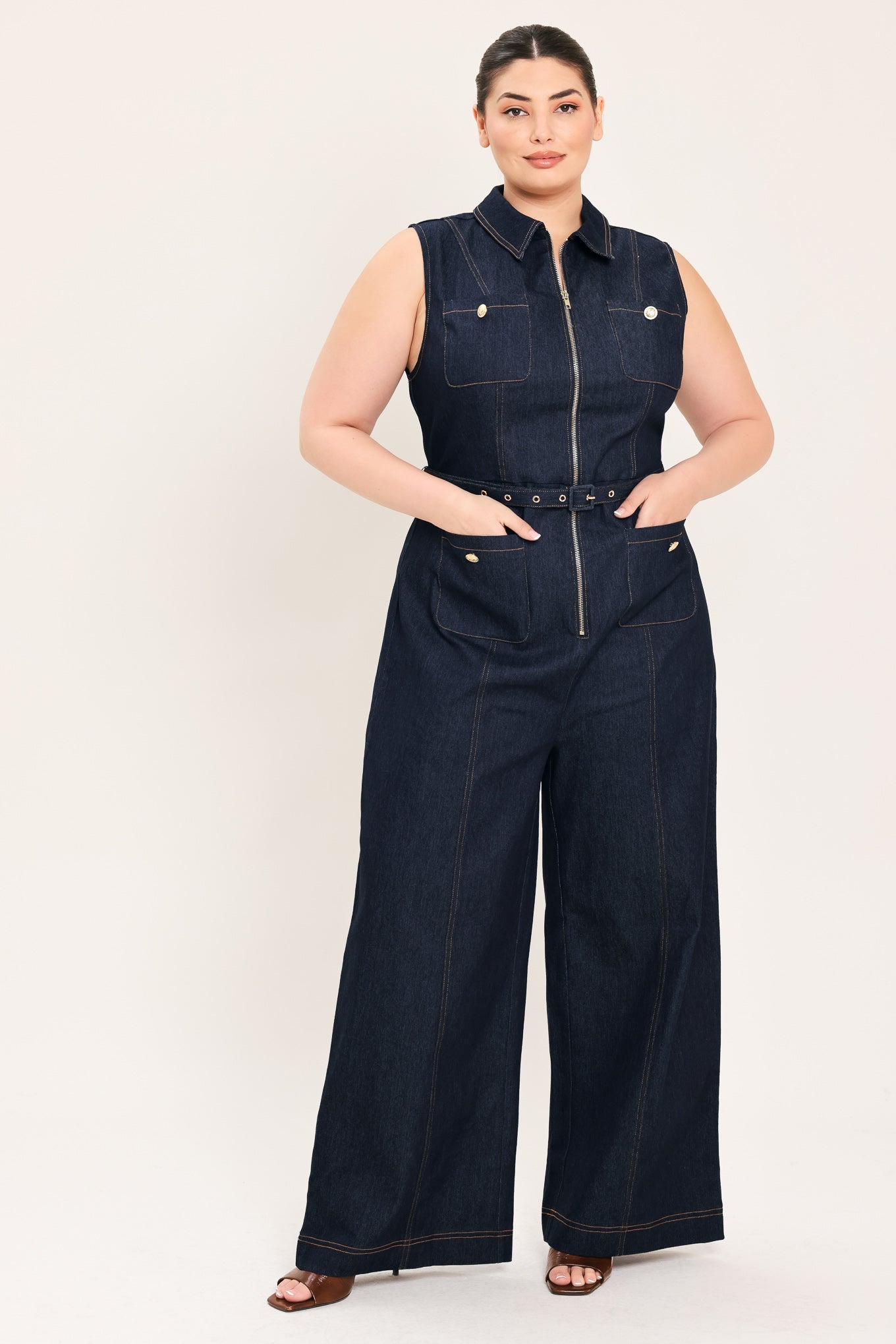 Sleeveless Workwear Denim Jumpsuit view 11 - Casual Office Outfit (bottom)