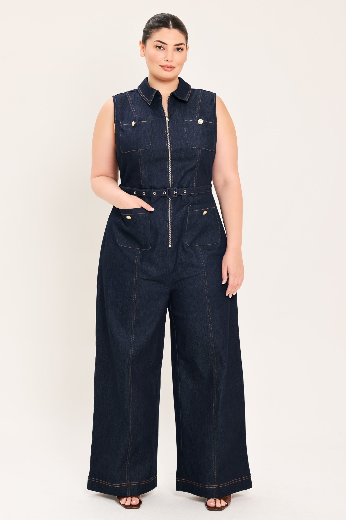 Sleeveless Workwear Denim Jumpsuit view 12 - Casual Office Outfit (bottom)