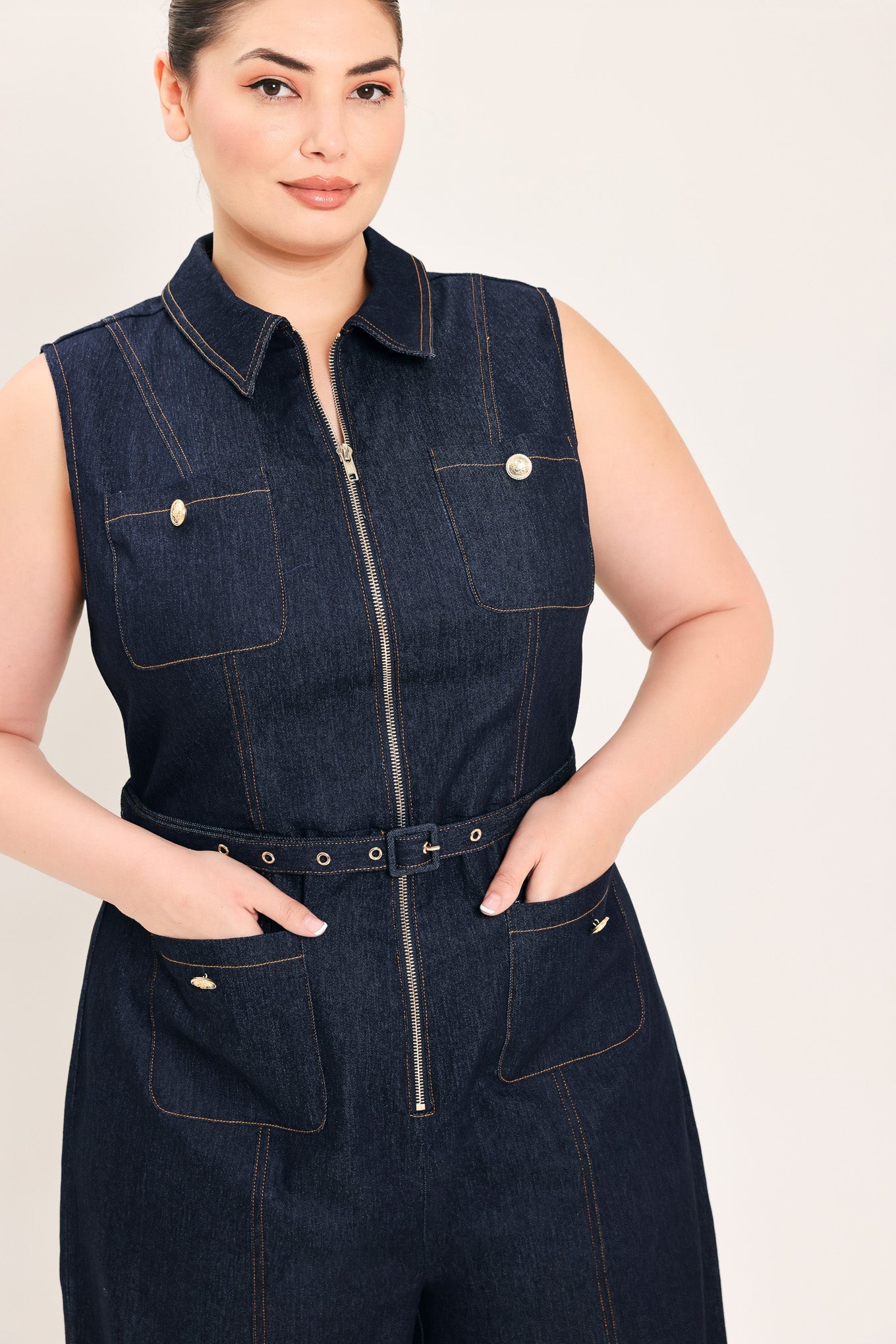 Sleeveless Workwear Denim Jumpsuit view 8 - Casual Office Outfit (bottom)