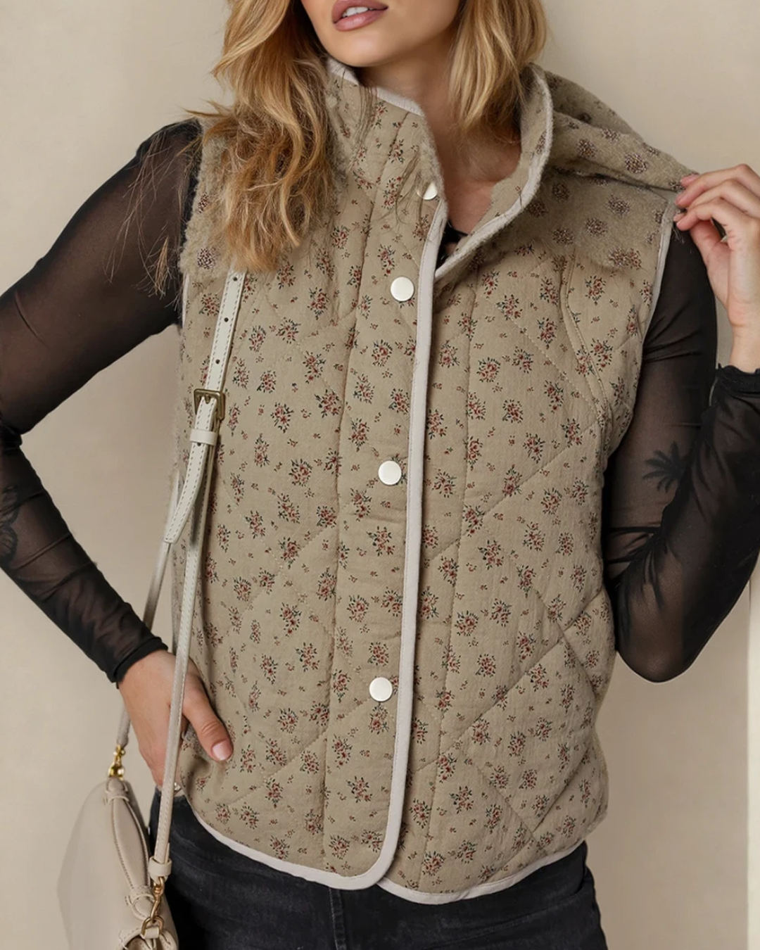 sloane floral print Sloane Floral Print Quilted Concealed Button Vest Khaki (piece) - shop at us.meeeshop