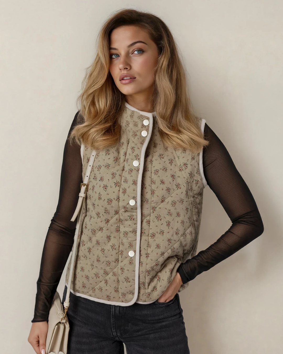 sloane floral print Sloane Floral Print Quilted Concealed Button Vest view 3 (piece) - shop at us.meeeshop