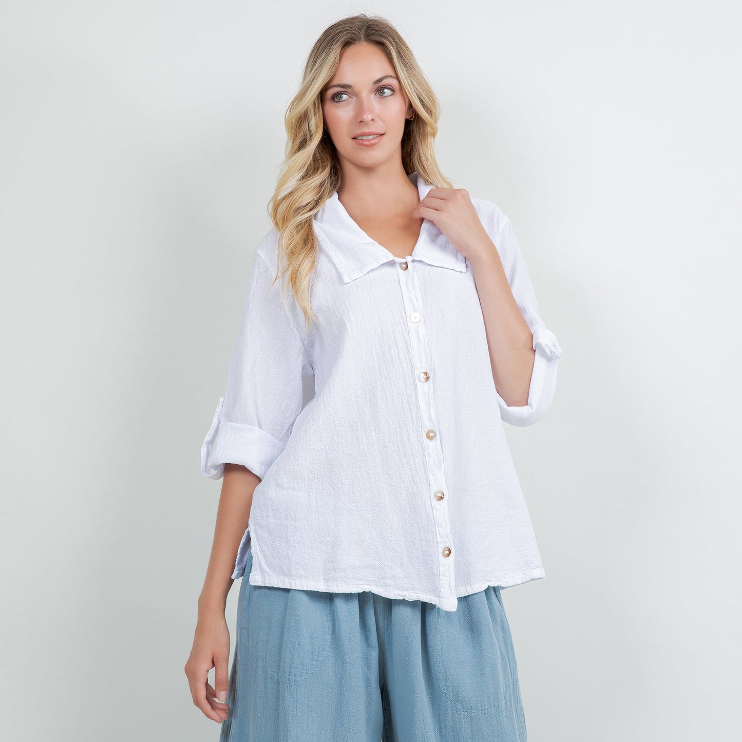 Sloanne Button-up 100% Cotton Gauze in Azure view 2 (top)