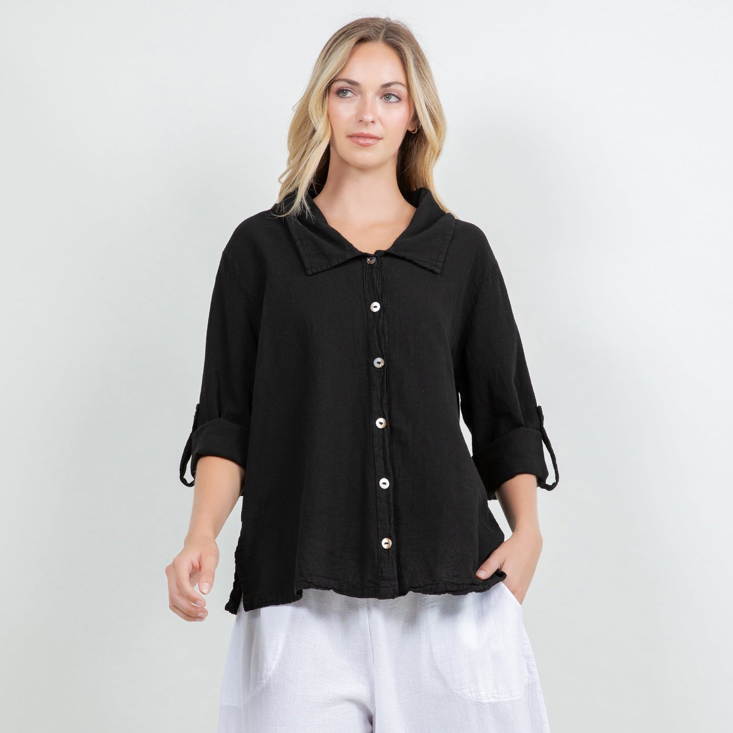 Sloanne Button-up 100% Cotton Gauze in Black view 3 (top)