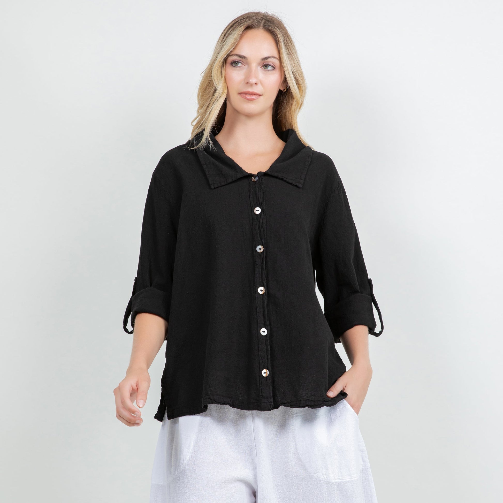 Sloanne Button-up 100% Cotton Gauze in Black view 3 (top)