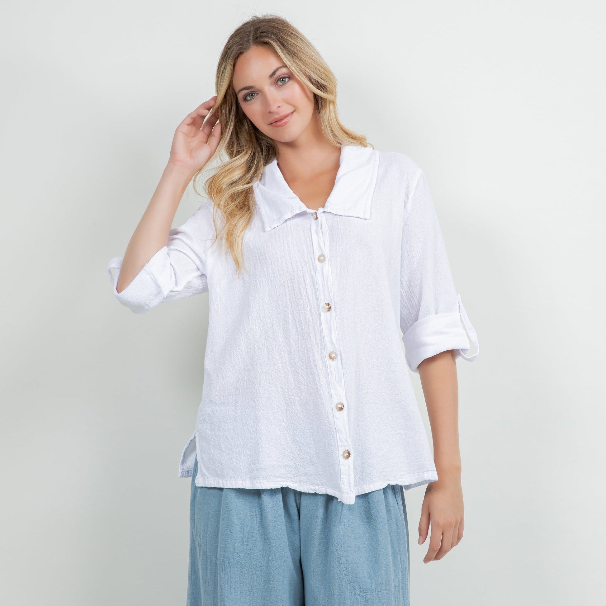 Sloanne Button-up 100% Cotton Gauze in Caspian view 4 (top)