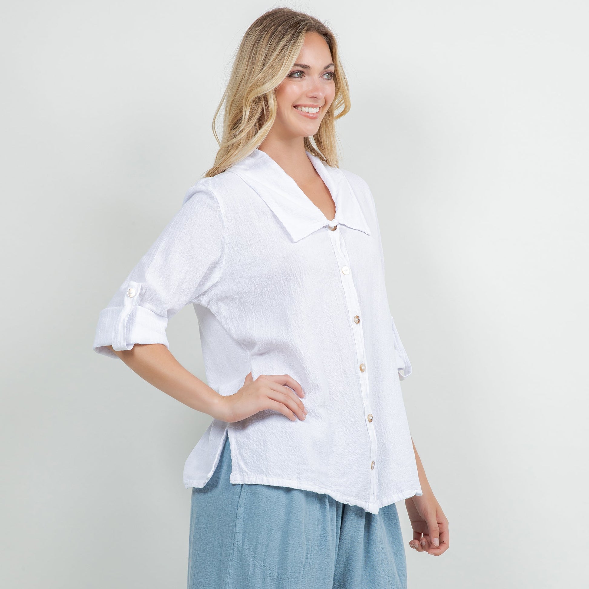 Sloanne Button-up 100% Cotton Gauze in Eggplant view 5 (top)