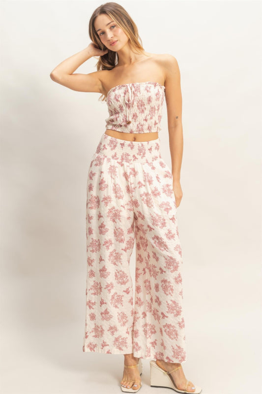 smocked tube top Smocked Tube Top & Wide-leg Pants Set Burgundy (top) - shop at us.meeeshop