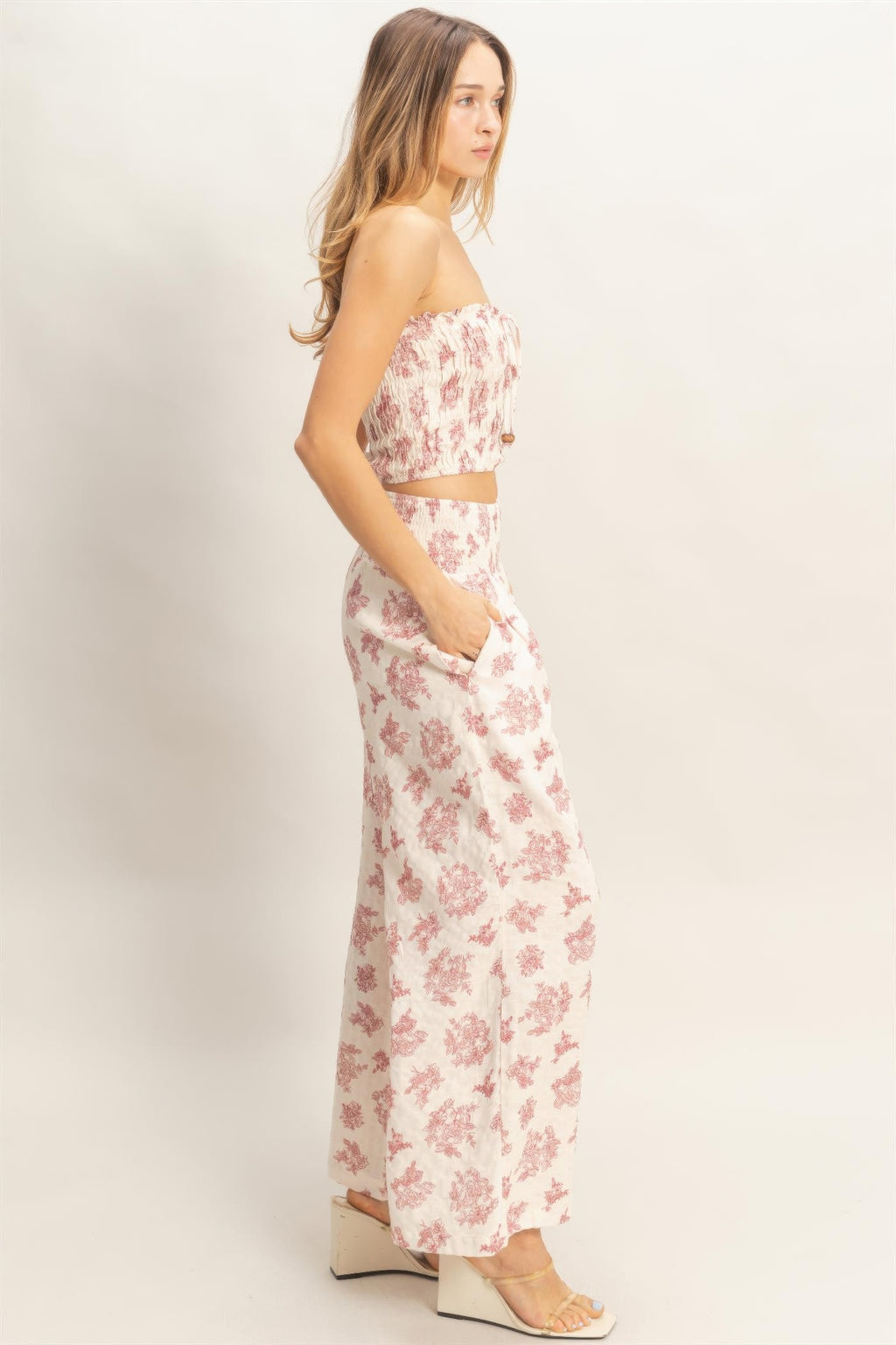 Smocked Tube Top & Wide-leg Pants Set Burgundy view 2 (top) - smocked tube top dress, smocked tube top  - shop at us.meeeshop