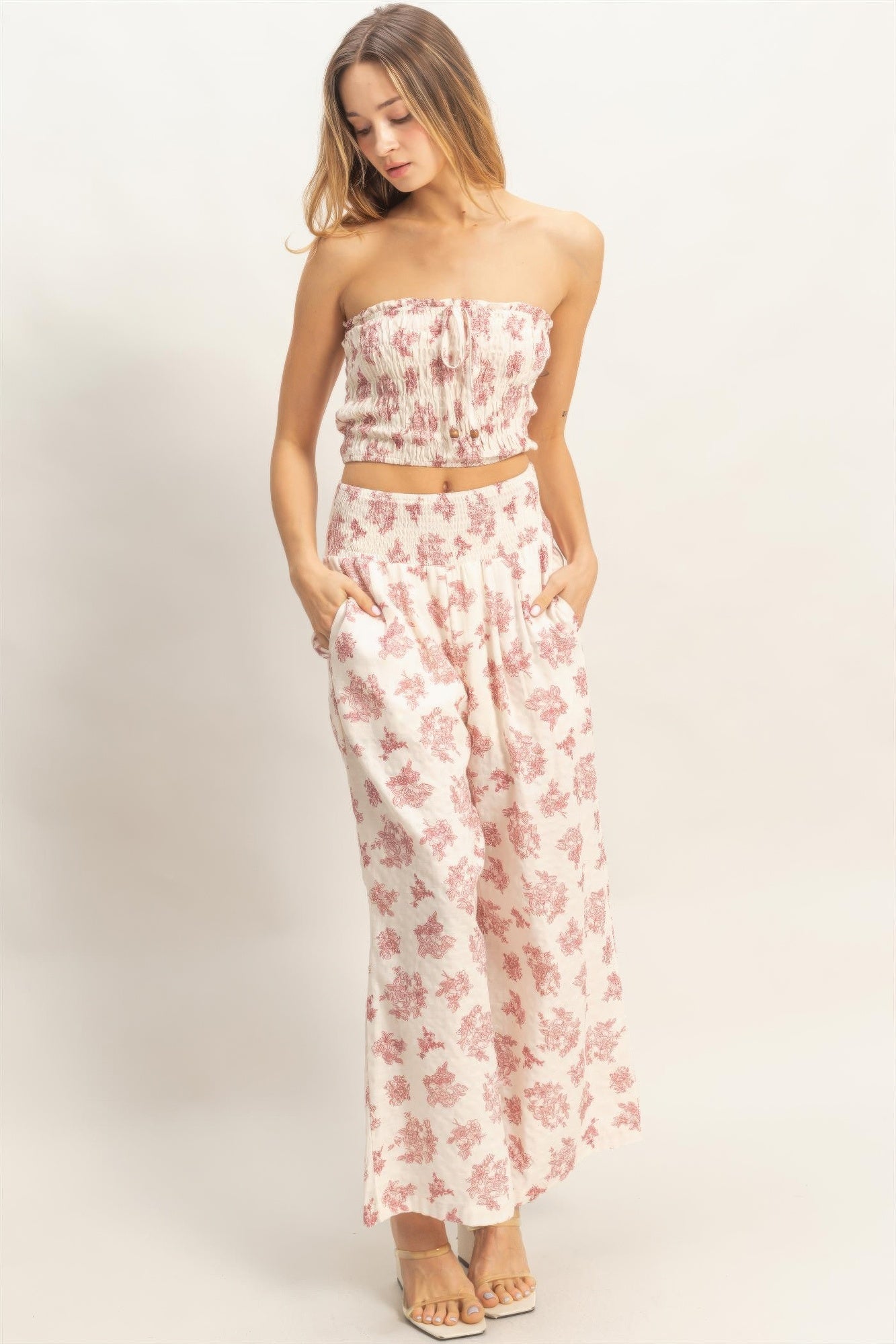 Smocked Tube Top & Wide-leg Pants Set Burgundy view 3 (top) - smocked tube top dress, smocked tube top  - shop at us.meeeshop