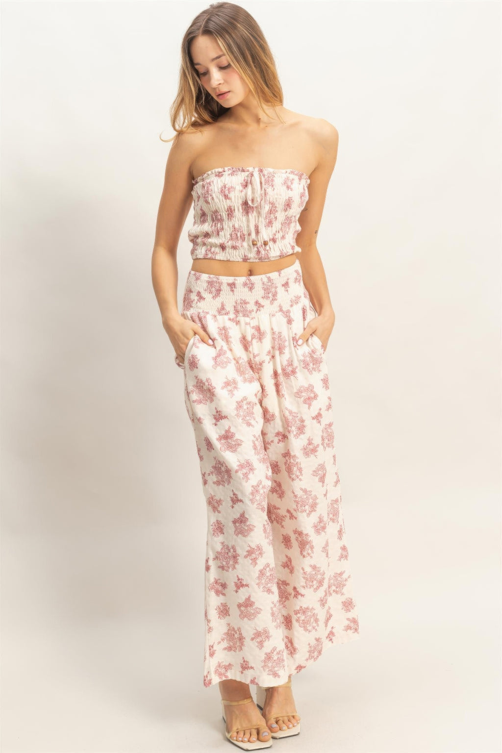 Smocked Tube Top & Wide-leg Pants Set Burgundy view 3 (top) - smocked tube top dress, smocked tube top  - shop at us.meeeshop