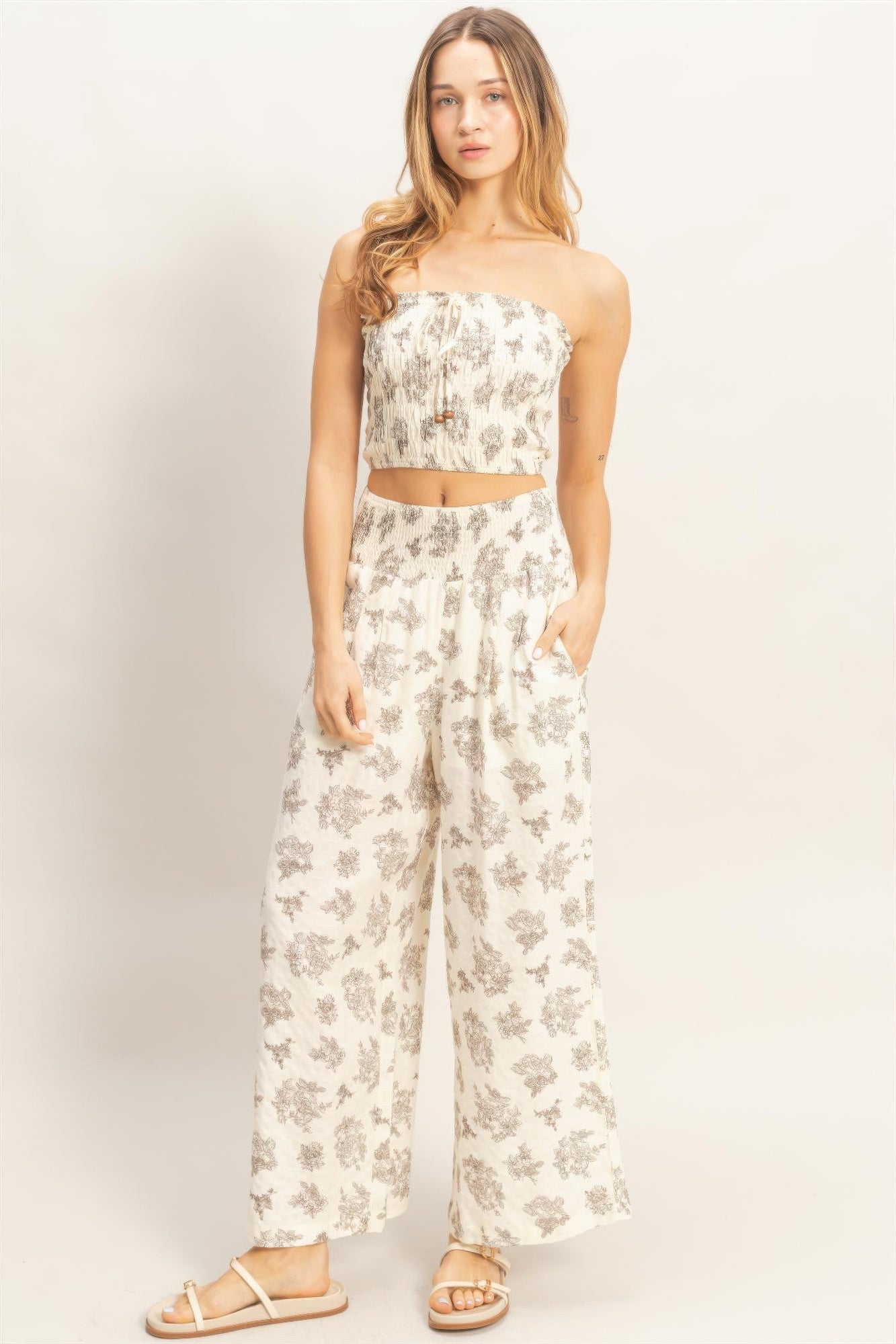 Smocked Tube Top & Wide-leg Pants Set Black view 6 (top) - smocked tube top dress, smocked tube top pat - shop at us.meeeshop