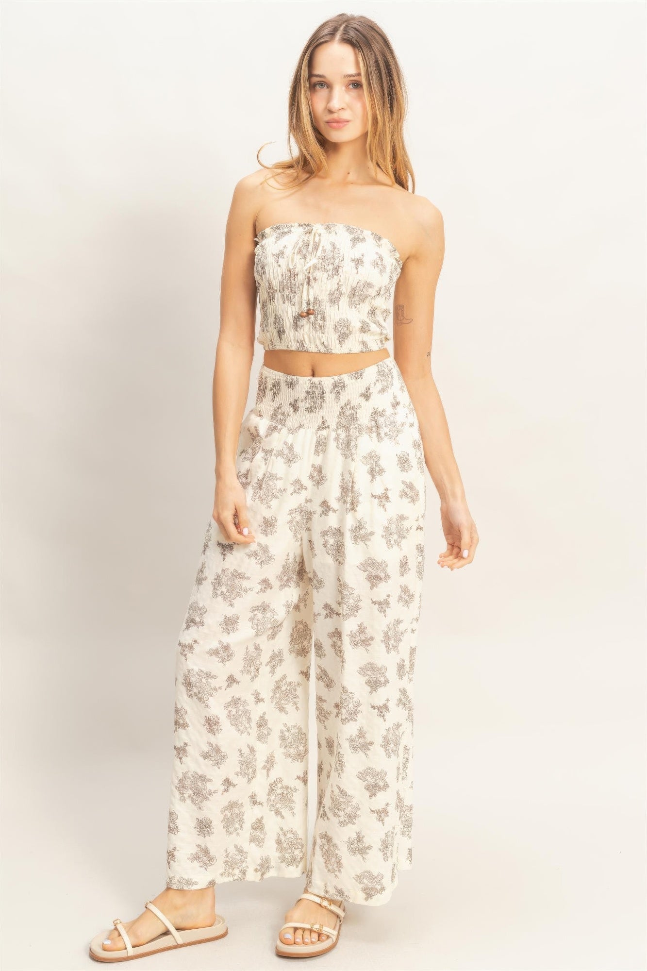 Smocked Tube Top & Wide-leg Pants Set Beige view 7 (top) - smocked tube top dress, smocked tube top pat - shop at us.meeeshop