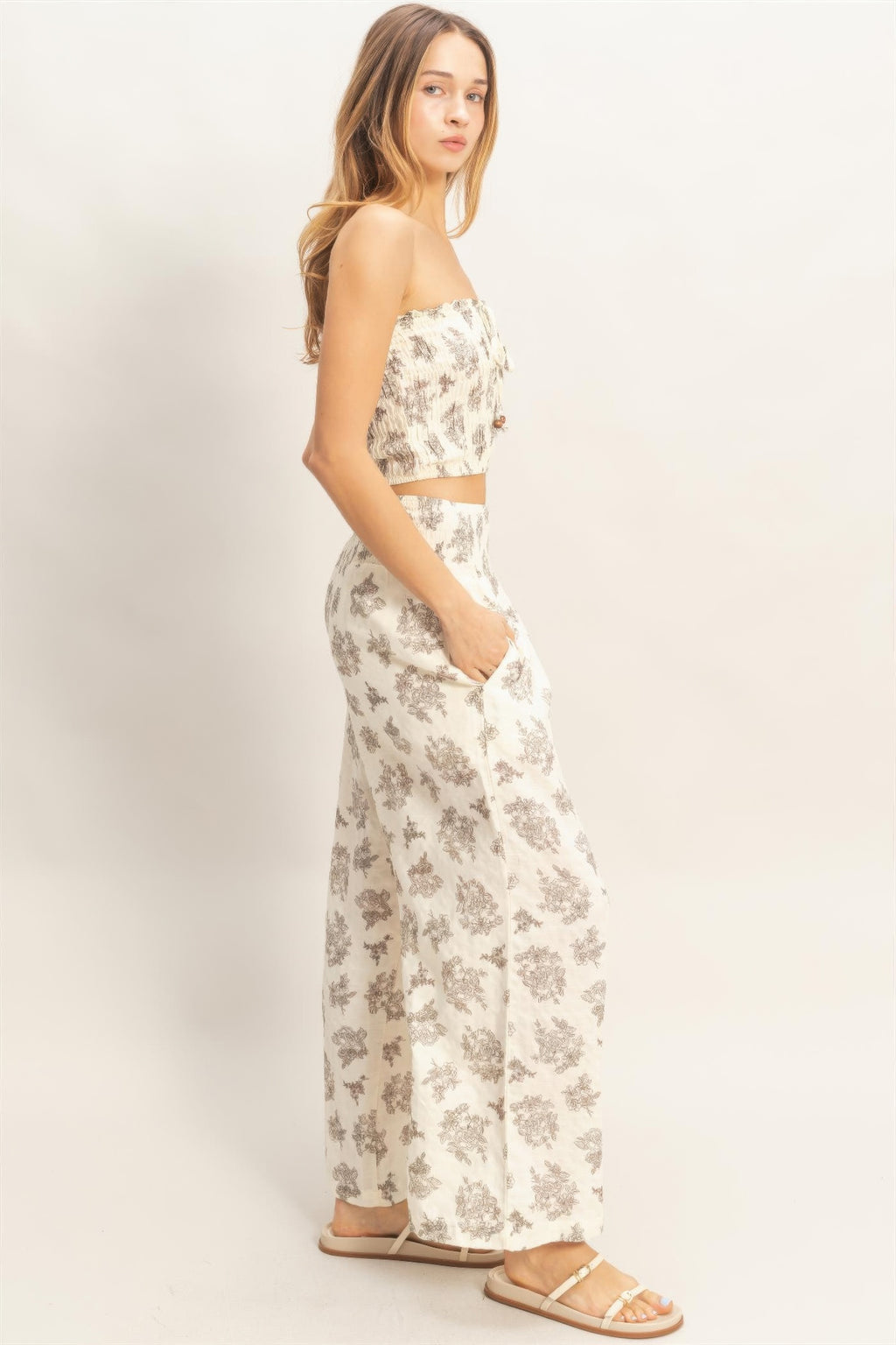 Smocked Tube Top & Wide-leg Pants Set Beige view 9 (top) - smocked tube top dress, smocked tube top pat - shop at us.meeeshop