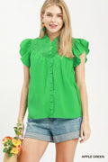 Smocked Yoke Ruffle Sleeve Blouse APPLE GREEN (top) - smocked yoke top, smocked yoke shirt, banana repu - shop at us.meeeshop