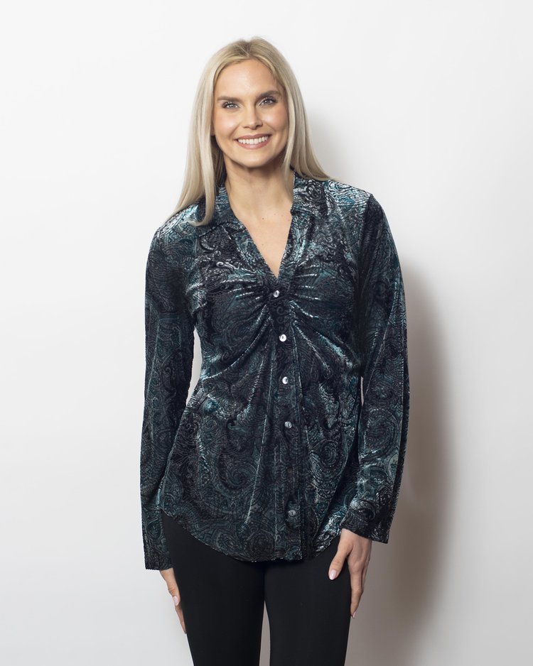 Snoskins Burnout Printed Velvet Buttoned Shirt in Multi Potpourrie - Burnout Print Shirt (top)