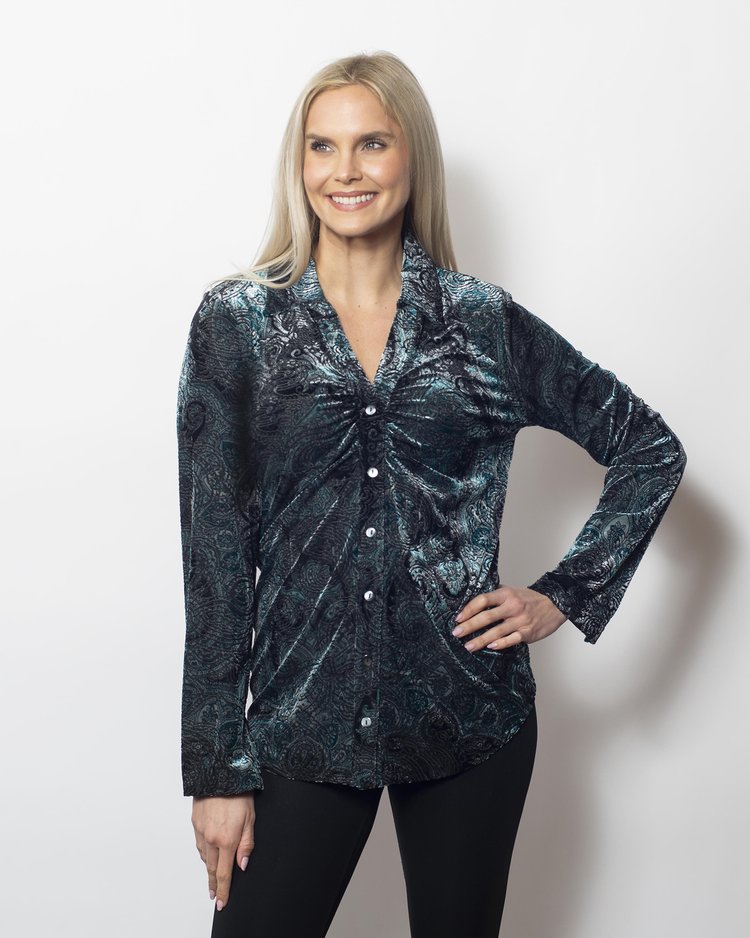 Snoskins Burnout Printed Velvet Buttoned Shirt in Multi Potpourrie view 2 - Burnout Print Shirt (top)