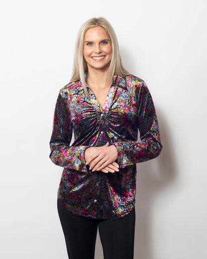 Snoskins Burnout Printed Velvet Buttoned Shirt in Multi Potpourrie view 4 - Burnout Print Shirt (top)