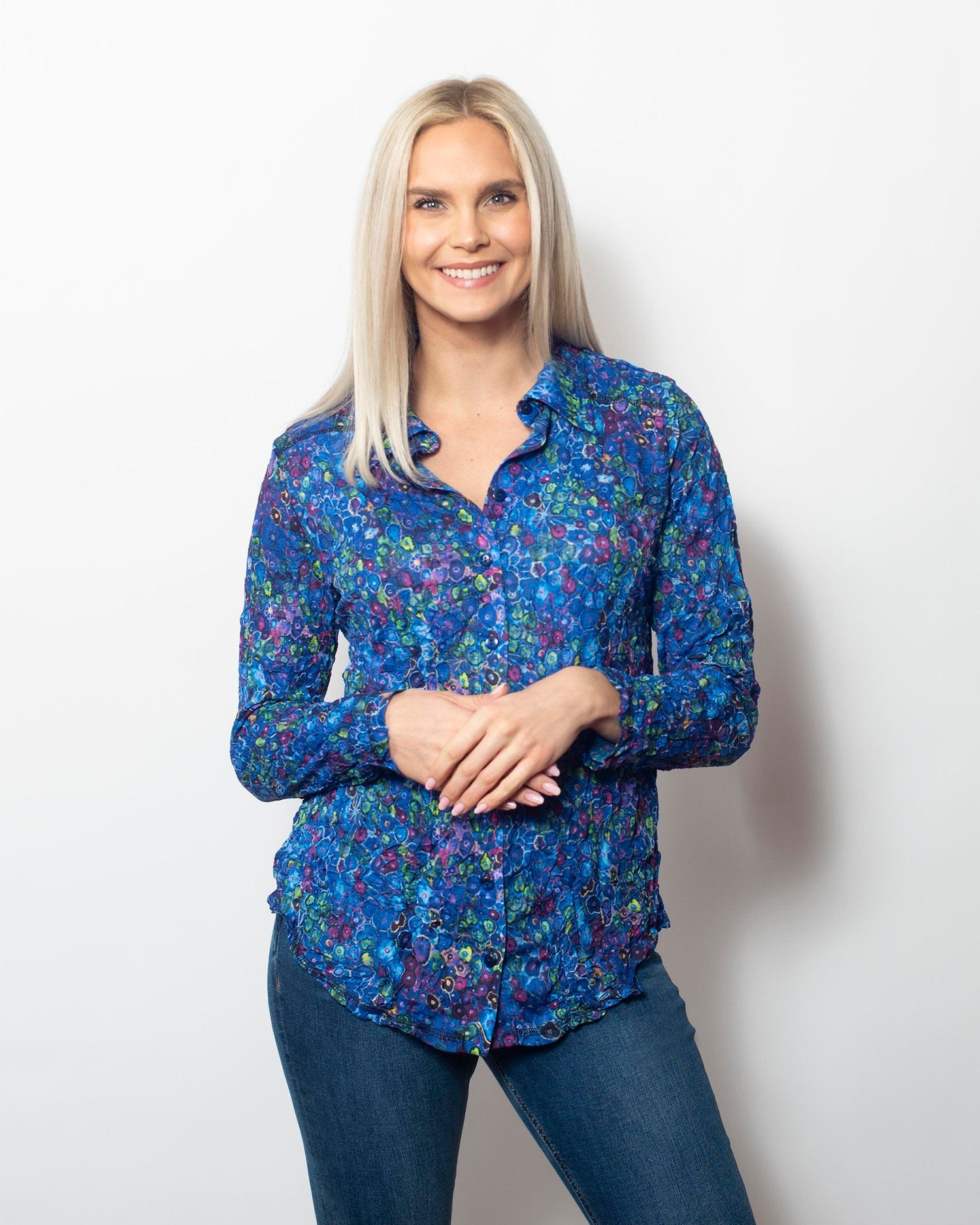 Snoskins Crinkle Buttoned Longsleeve Shirt in Bejeweled - Crinkle Button Shirt (top)