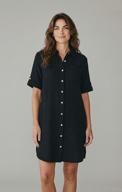 Snoskins Organic Cotton Gauze Button up Dress in Bluebird view 3 - Organic Cotton Dresses