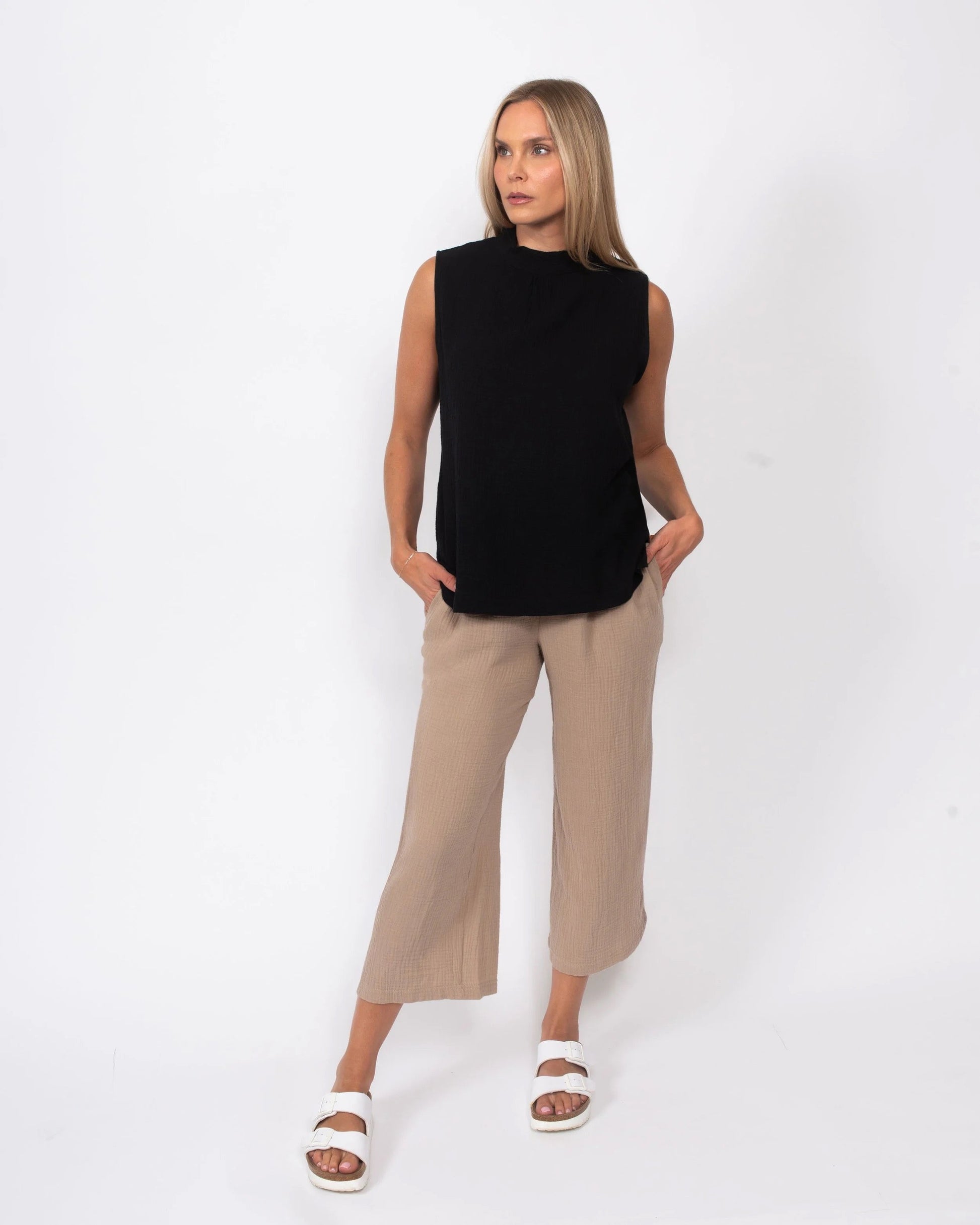 Snoskins Organic Cotton Gauze Cropped Pant in Taupe - Organic Cotton Pants (bottom)