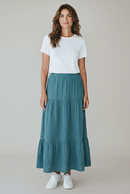 Snoskins Organic Cotton Gauze Tiered Skirt in Washed Coral - Organic Cotton Skirts Women