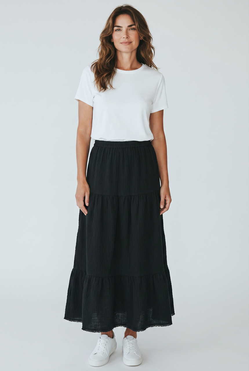 Snoskins Organic Cotton Gauze Tiered Skirt in Washed Coral view 2 - Organic Cotton Skirts Women