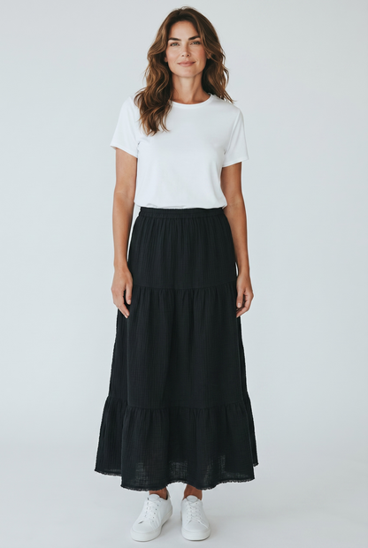 Snoskins Organic Cotton Gauze Tiered Skirt in Washed Coral view 2 - Organic Cotton Skirts Women