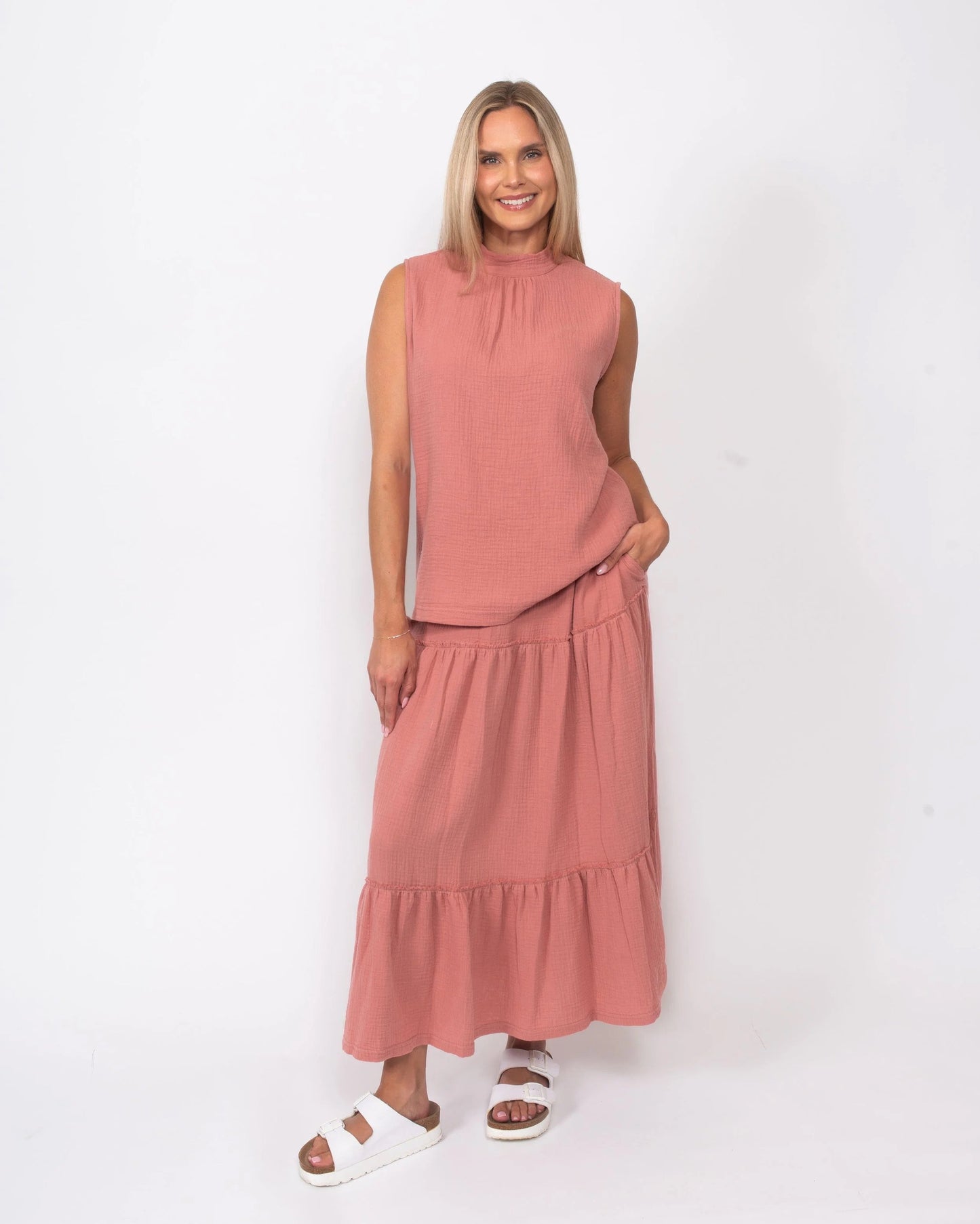 Snoskins Organic Cotton Gauze Tiered Skirt in Washed Coral view 3 - Organic Cotton Skirts Women
