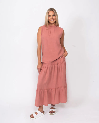 Snoskins Organic Cotton Gauze Tiered Skirt in Washed Coral view 3 - Organic Cotton Skirts Women