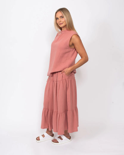 Snoskins Organic Cotton Gauze Tiered Skirt in Washed Coral view 4 - Organic Cotton Skirts Women